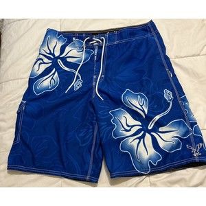 American Eagle Men's Hawaiian Board Shorts Swim Trunks Blue White Hibiscus Sz 36